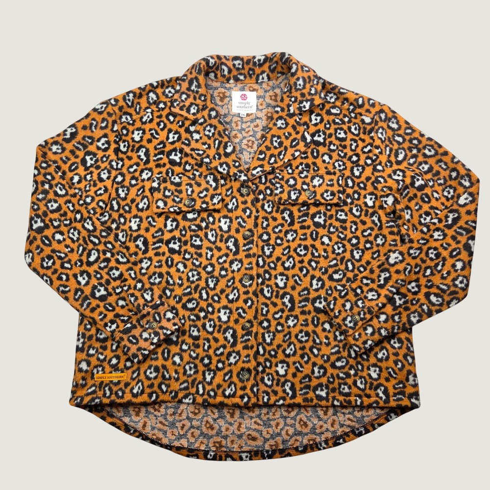 Simply Southern Women 2X Leopard Animal Print Fleece Shacket Button Shirt Jacket - Picture 2 of 12
